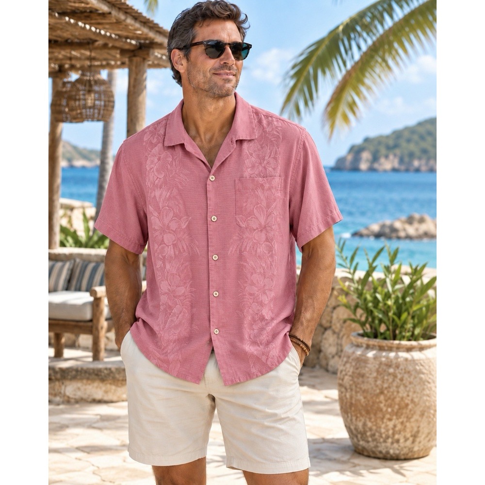 Tommy Bahama XXL Pink Silk Hawaiian Shirt Floral Damask Resort XX17